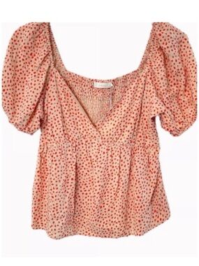 Lush Blush Peplum Puff Sleeve V-Neck Top with Red Dot Print